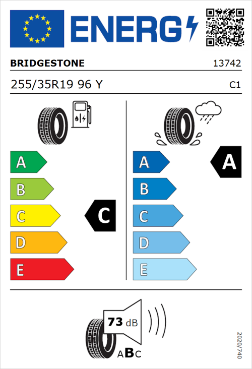 Tyre Label for Bridgestone Turanza T005 255/35R19 96Y