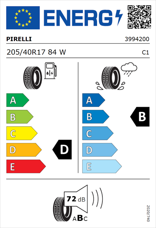 Tyre Label for Pirelli P Zero Nero 205/40R17 84W