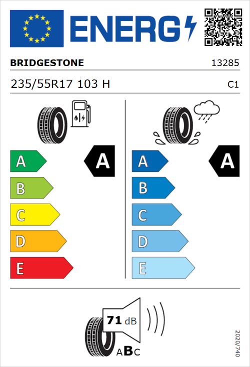 Tyre Label for Bridgestone Turanza T005 235/55R17 103H