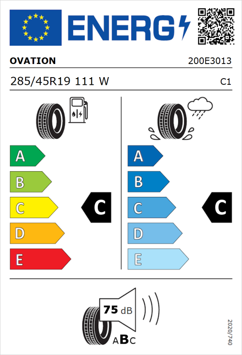 Tyre Label for Ovation VI-386 HP 285/45R19 111W